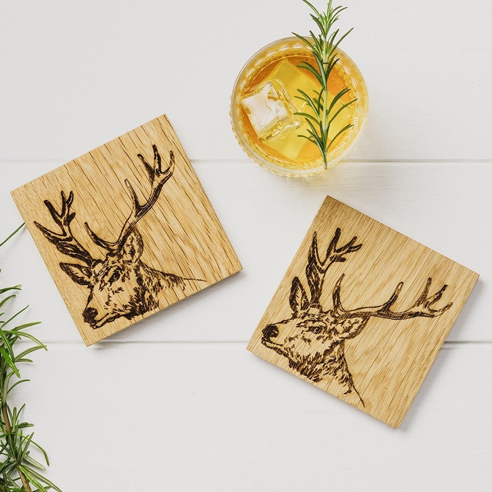 In this photo 2 Oak Coasters Stag Mood4Whisky