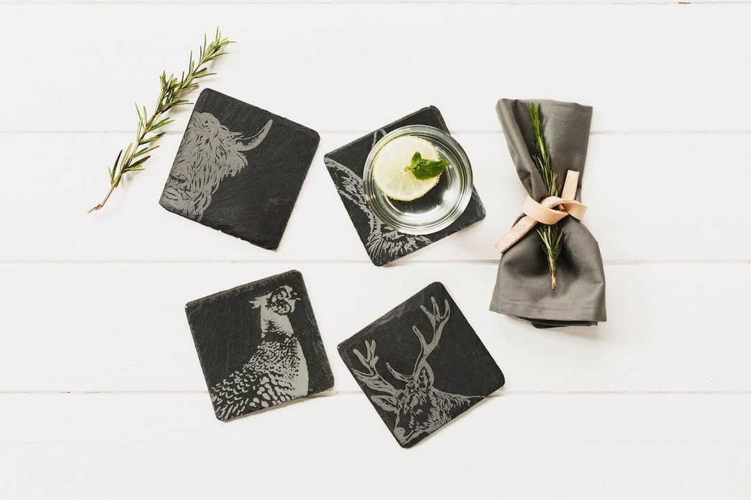 In this photo 4 Slate Coasters Country Animals Mood4Whisky