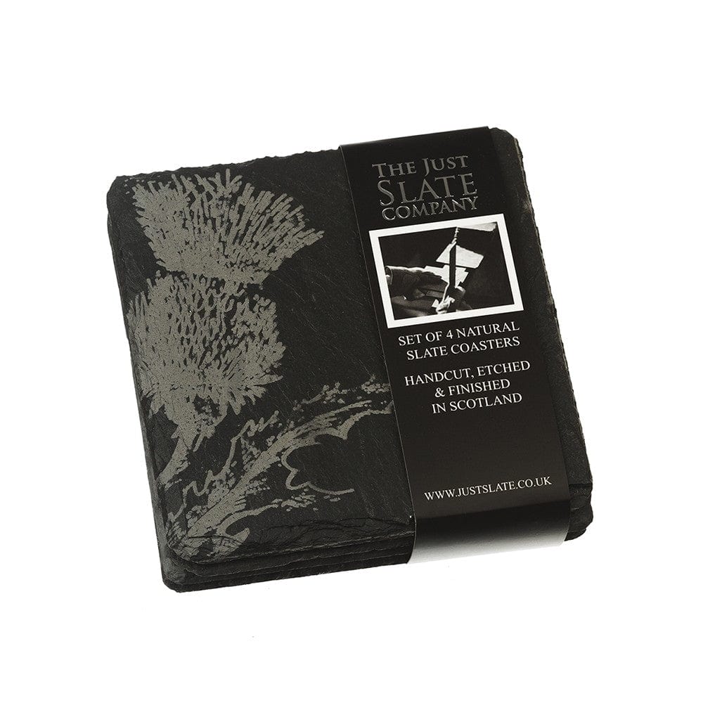In this photo 4 Slate Coasters Thistle Mood4Whisky