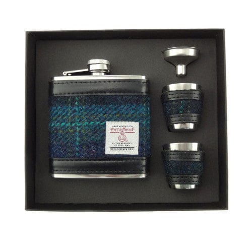 In this photo Hip Flask Blue with Turquoise Overcheck - Luxury Set - Harris Tweed - Glen Appin of Scotland Mood4Whisky