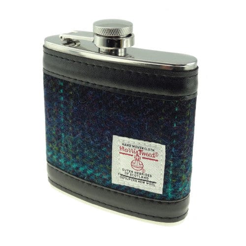 In this photo Hip Flask in Blue with Turquoise Overcheck - Harris Tweed - Glen Appin of Scotland Mood4Whisky