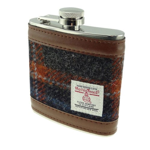 In this photo Hip Flask in Grey with Rust Overcheck - Harris Tweed - Glen Appin of Scotland Mood4Whisky