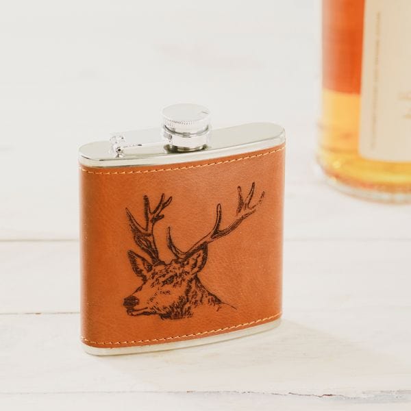 In this photo Hip Flask Stag - Leather - Selbraehouse Scotland Mood4Whisky