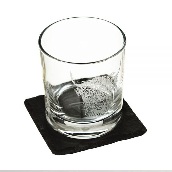 In this photo Tumbler & Slate Coaster Gift Set Highland Cow Mood4Whisky