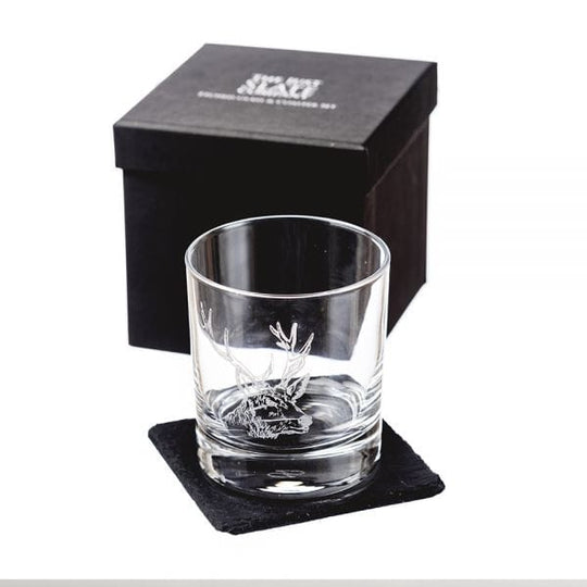 In this photo Tumbler & Slate Coaster Gift Set Stag Mood4Whisky