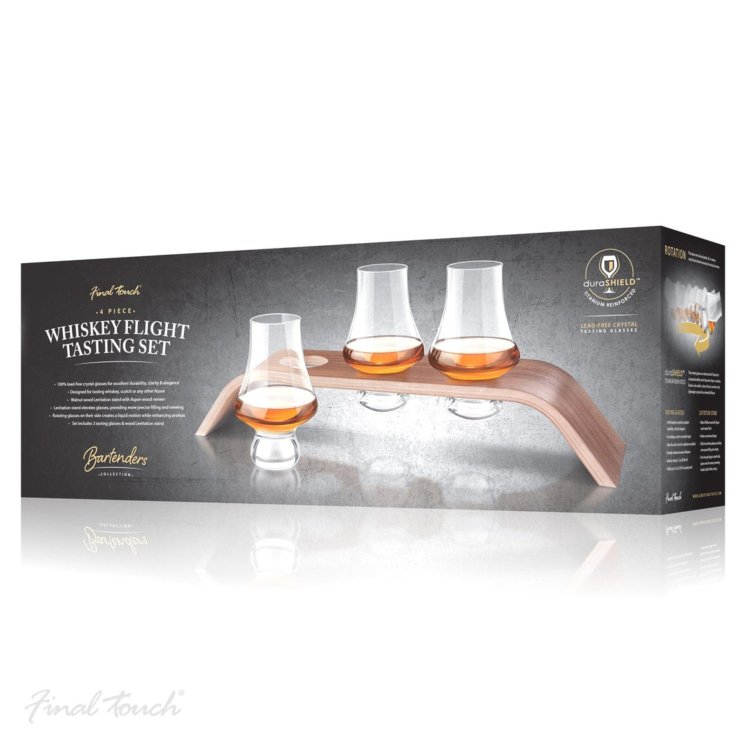 In this photo Whiskey Glass Flight Tasting set - 3 tasting glasses and wood levitation stand - Final Touch Mood4whisky