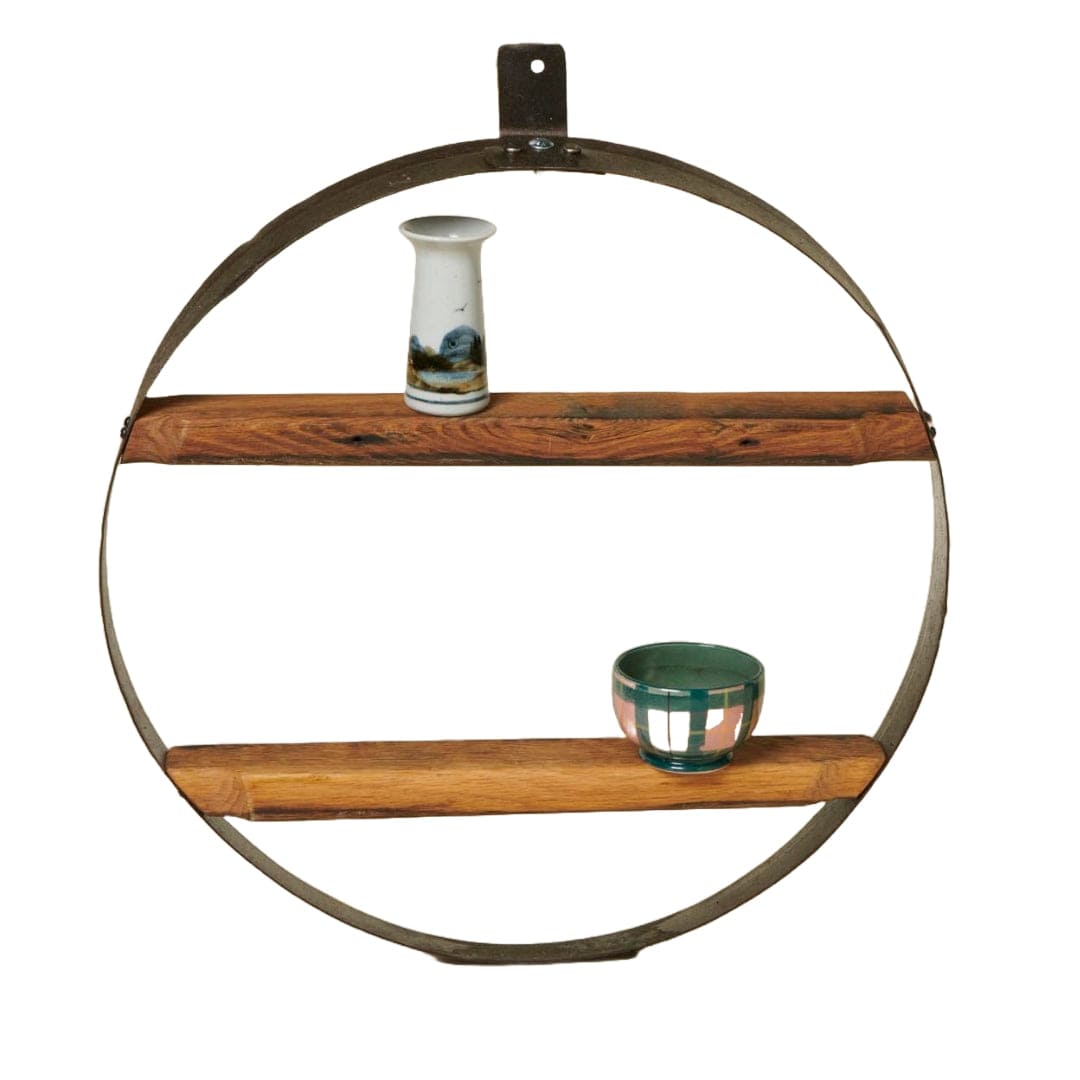 In this photo Hoop with two shelves from old whiskey barrels - 50 cm diameter - Handmade - Darach Scotland MoodCompanyNL