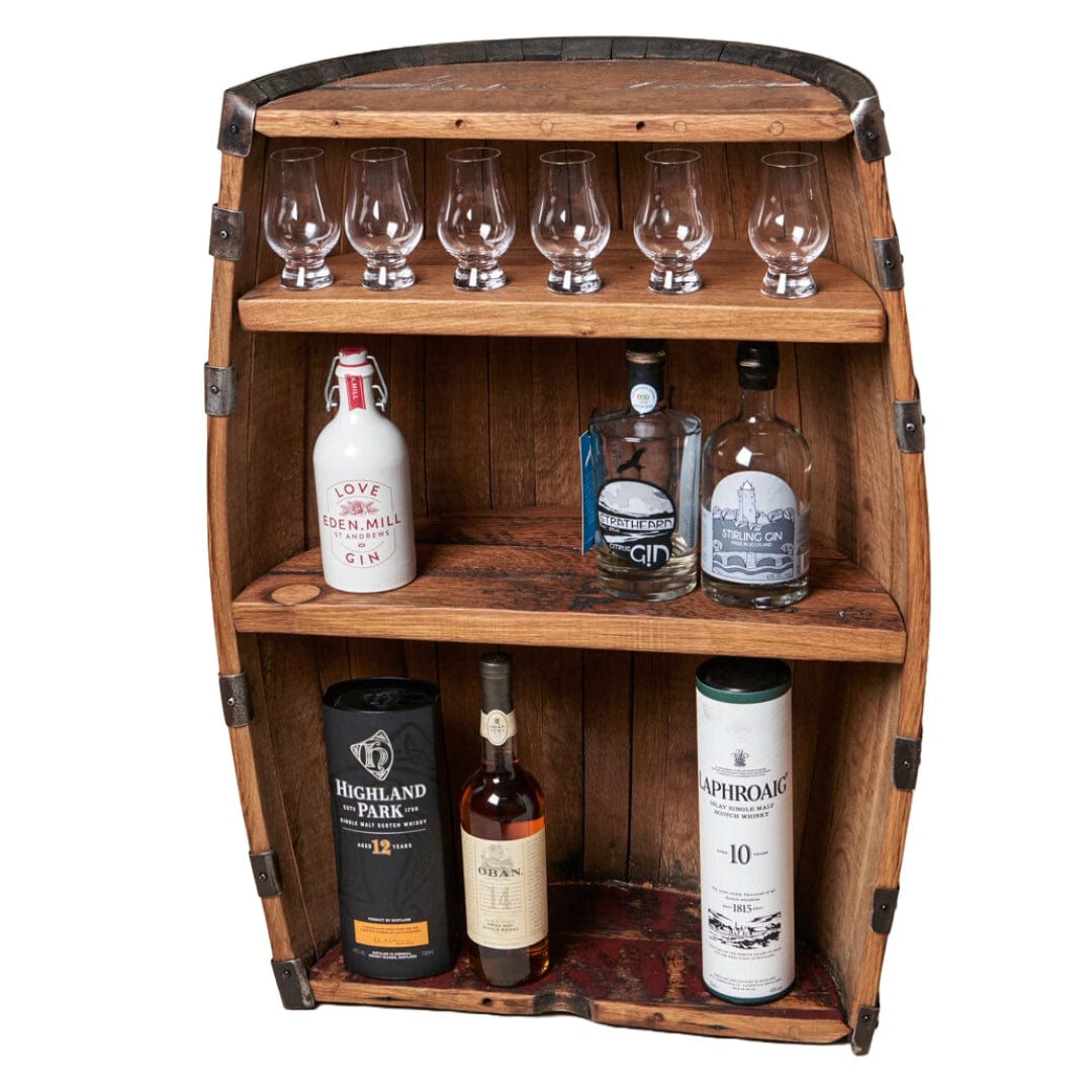 In this photo Open Whiskey Cabinet from old whiskey barrels Large - 60 x 30 x 90 cm - Handmade - Darach Scotland MoodCompanyNL